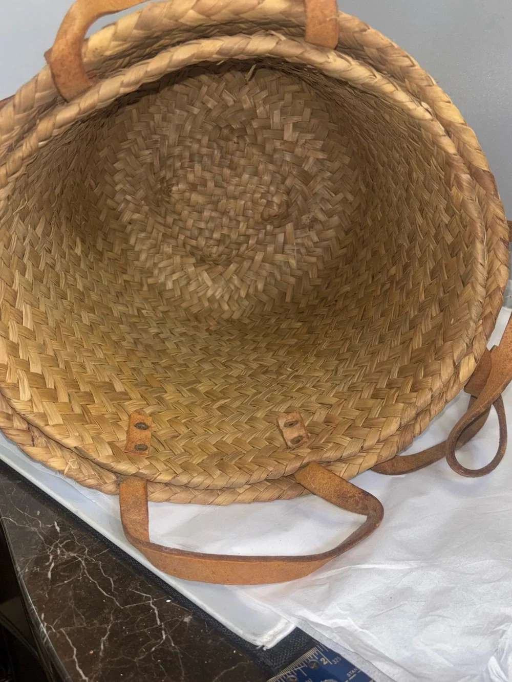 3 vintage Handwoven Straw Tote Bag with Leather Handles - Natural